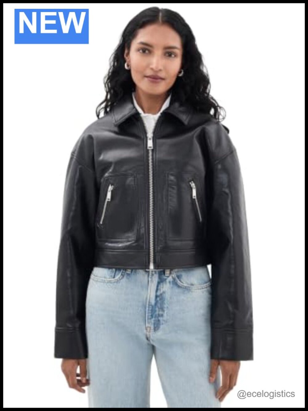 Recycled Leather Moto Jacket Long Sleeve Zip Closure